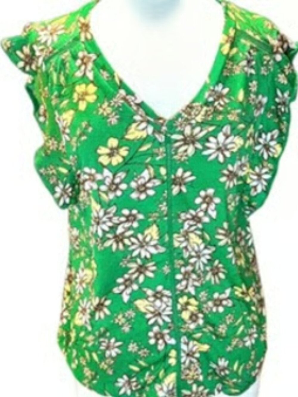 Yellow Green Floral Blouse Short Sleeve top V-neck Flowy Relaxed Fit Large Comfy